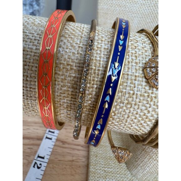 Stella & Dot Gold Cuff Bracelet Stack With Blue & Coral Enamel Rhinestone - Picture 6 of 14